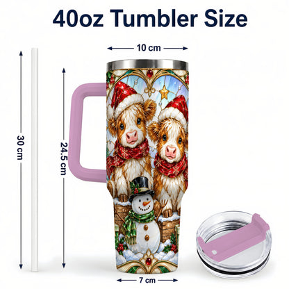 #pl[40oz|Pink] Stained Glass Cow 40oz Tumbler with Handle, Christmas Travel Cup