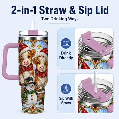 #pl[40oz|Pink] Stained Glass Cow 40oz Tumbler with Handle, Christmas Travel Cup