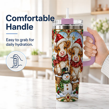 #pl[40oz|Pink] Stained Glass Cow 40oz Tumbler with Handle, Christmas Travel Cup