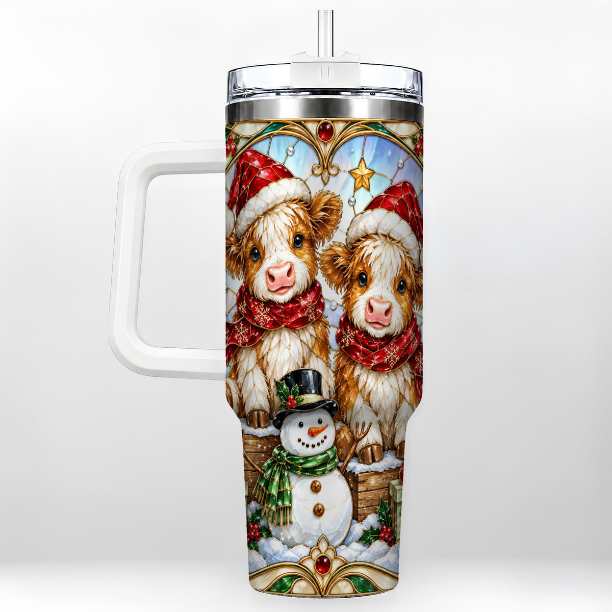 #pl[40oz|White] Stained Glass Cow 40oz Tumbler with Handle, Christmas Travel Cup