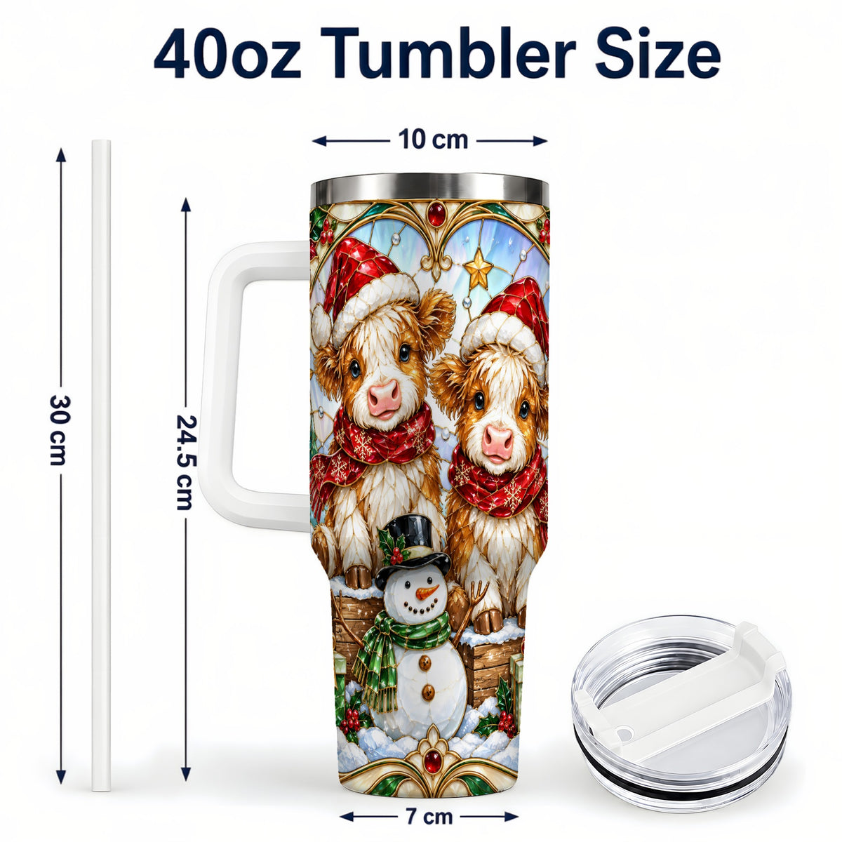 #pl[40oz|White] Stained Glass Cow 40oz Tumbler with Handle, Christmas Travel Cup