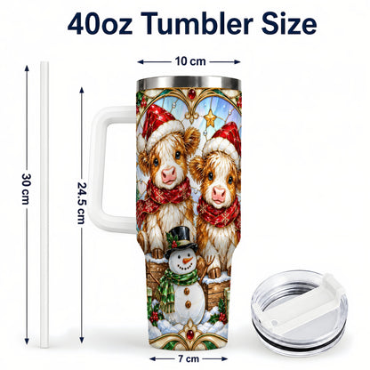 #pl[40oz|White] Stained Glass Cow 40oz Tumbler with Handle, Christmas Travel Cup