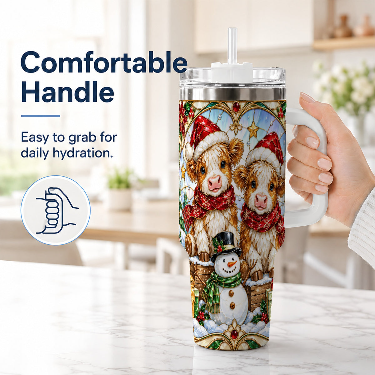 #pl[40oz|White] Stained Glass Cow 40oz Tumbler with Handle, Christmas Travel Cup