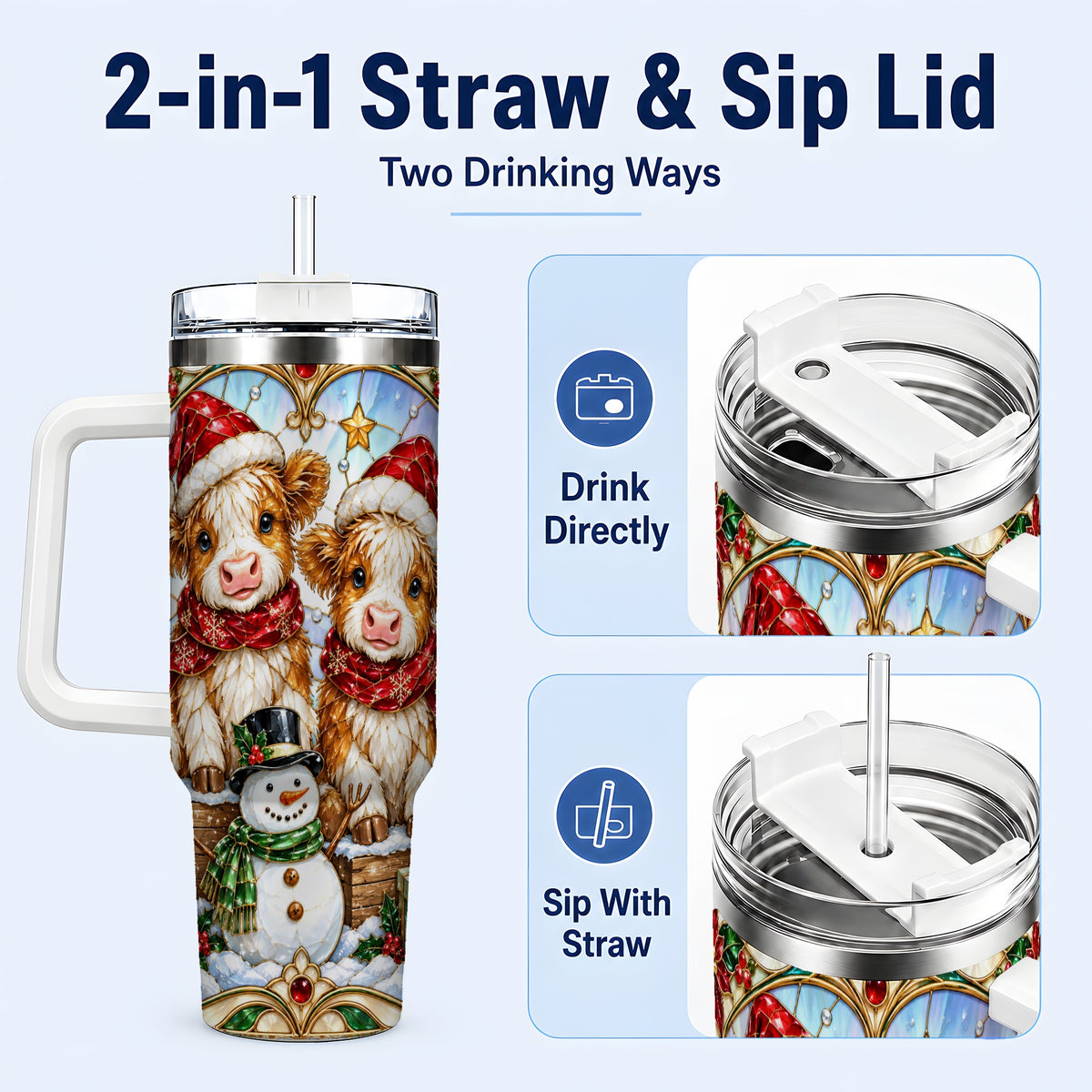 #pl[40oz|White] Stained Glass Cow 40oz Tumbler with Handle, Christmas Travel Cup