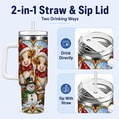 #pl[40oz|White] Stained Glass Cow 40oz Tumbler with Handle, Christmas Travel Cup