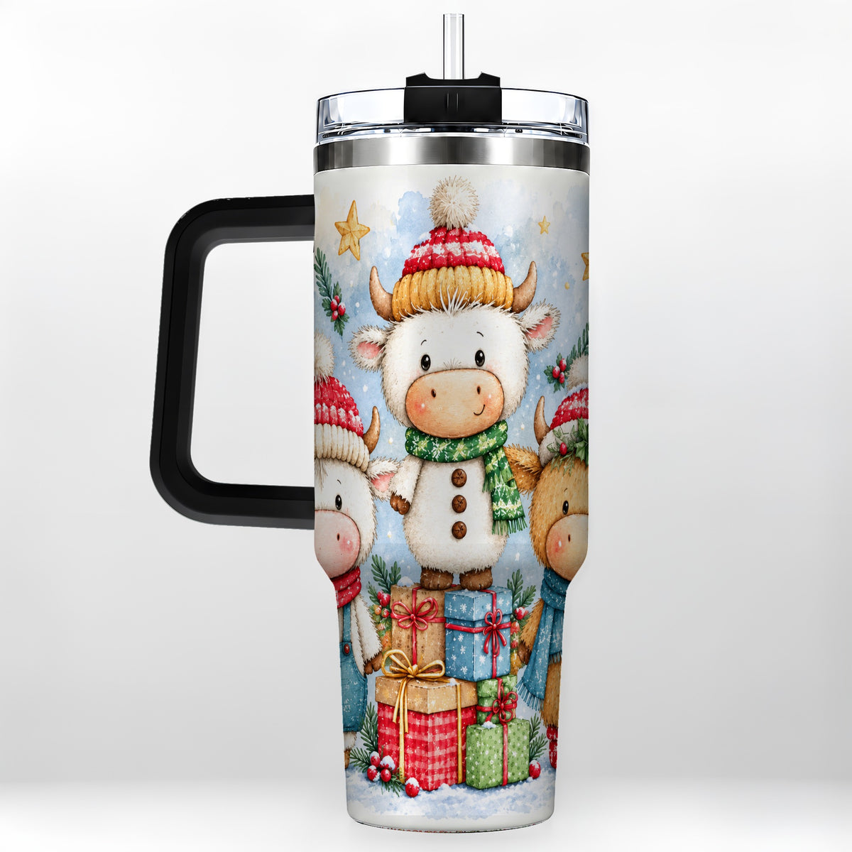 #pl[40oz|Black] Christmas Cow 40oz Tumbler with Handle, Winter Calf Travel Cup