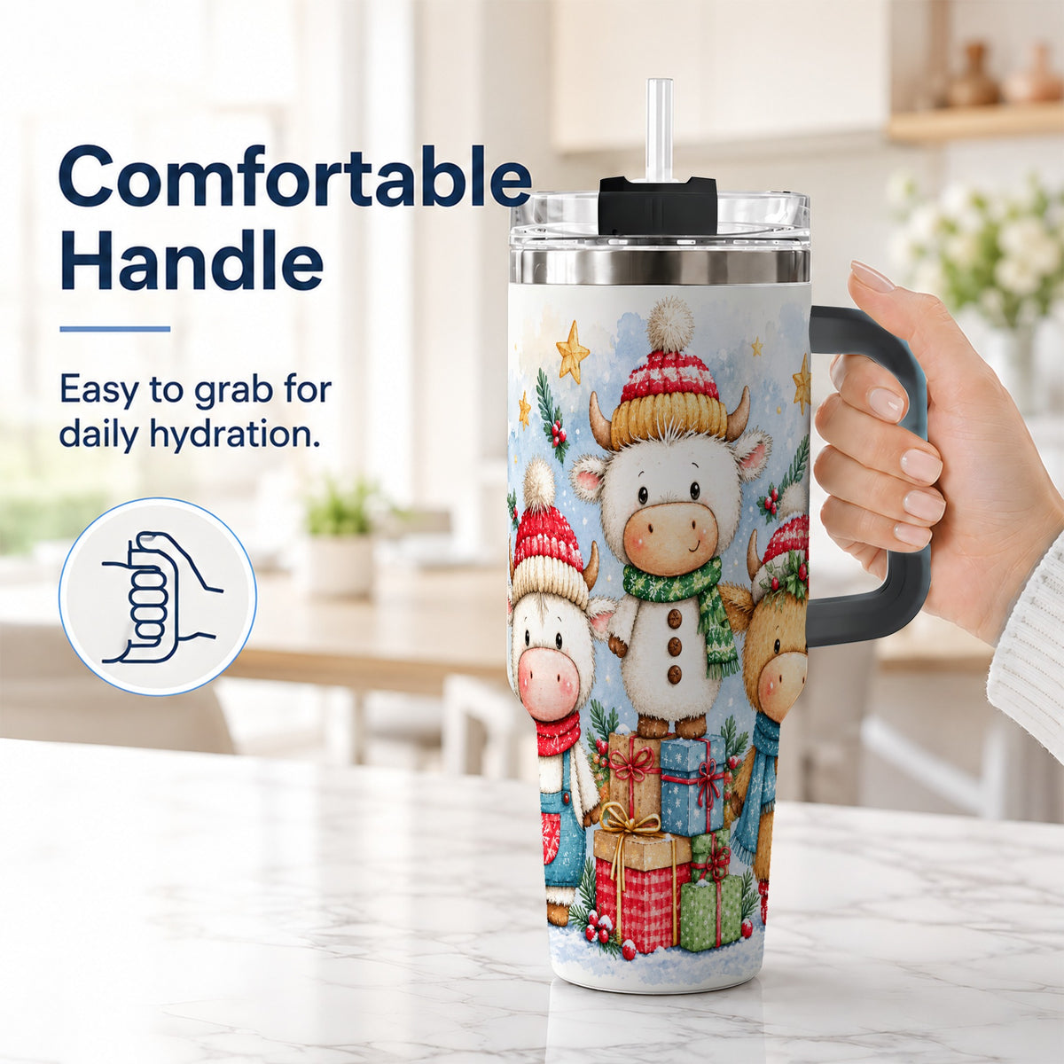 #pl[40oz|Black] Christmas Cow 40oz Tumbler with Handle, Winter Calf Travel Cup