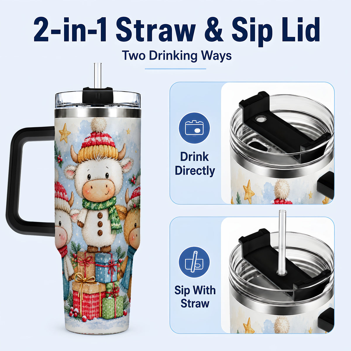 #pl[40oz|Black] Christmas Cow 40oz Tumbler with Handle, Winter Calf Travel Cup