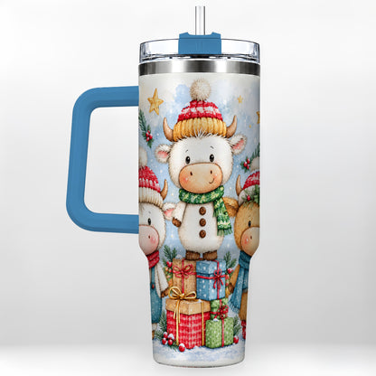 #pl[40oz|Blue] Christmas Cow 40oz Tumbler with Handle, Winter Calf Travel Cup