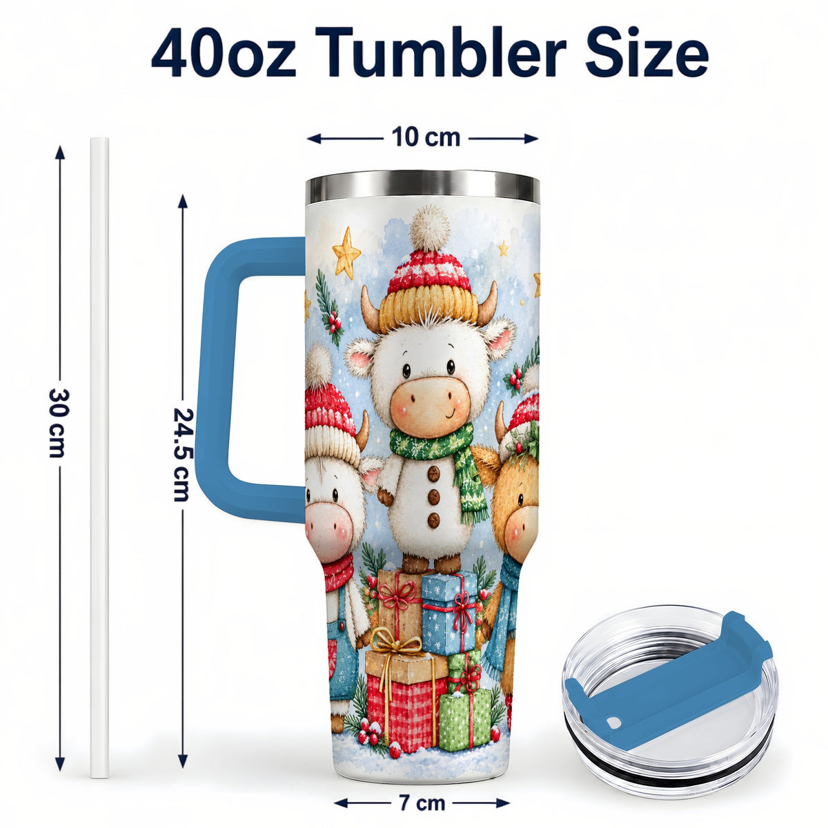 #pl[40oz|Blue] Christmas Cow 40oz Tumbler with Handle, Winter Calf Travel Cup