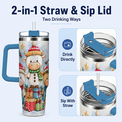 #pl[40oz|Blue] Christmas Cow 40oz Tumbler with Handle, Winter Calf Travel Cup