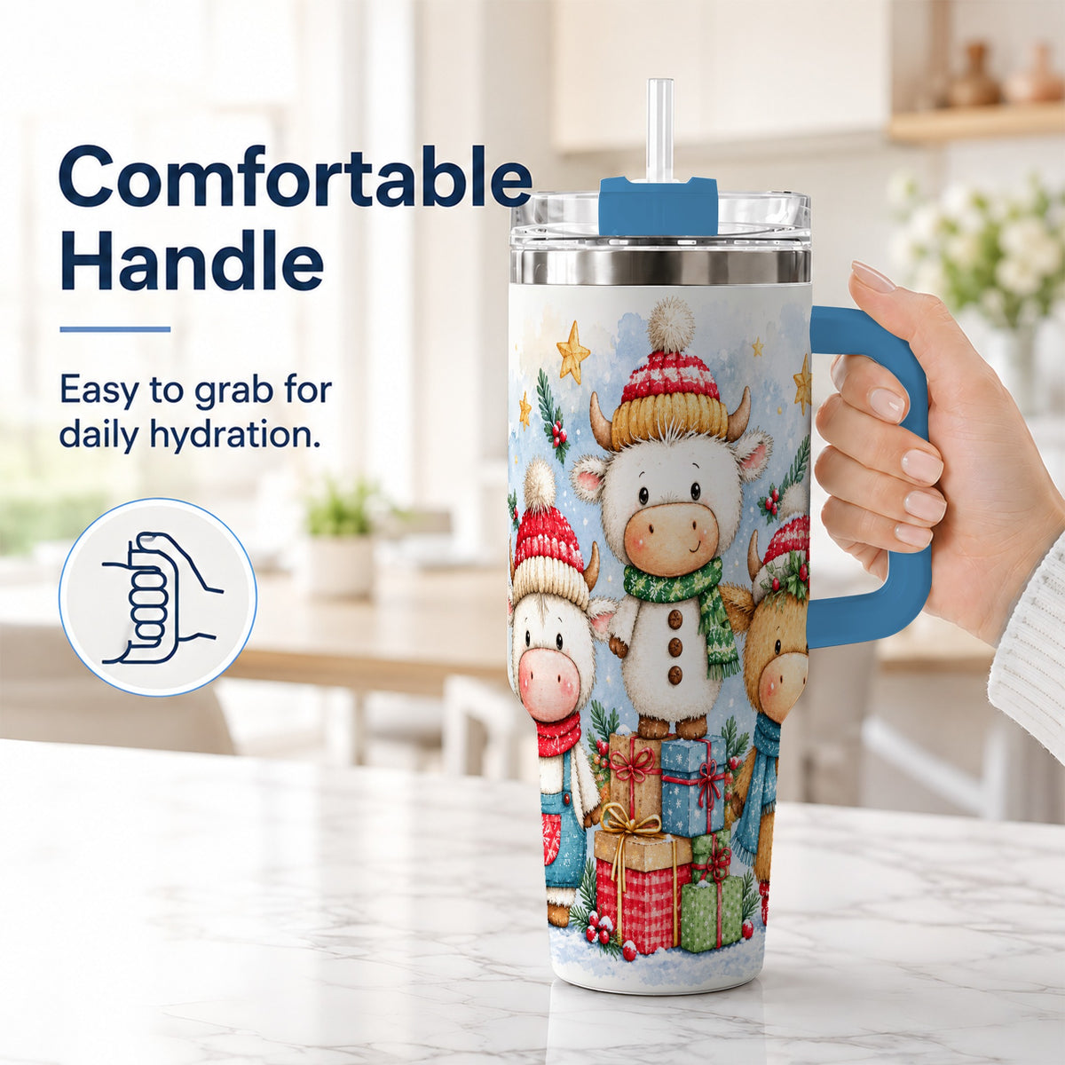 #pl[40oz|Blue] Christmas Cow 40oz Tumbler with Handle, Winter Calf Travel Cup