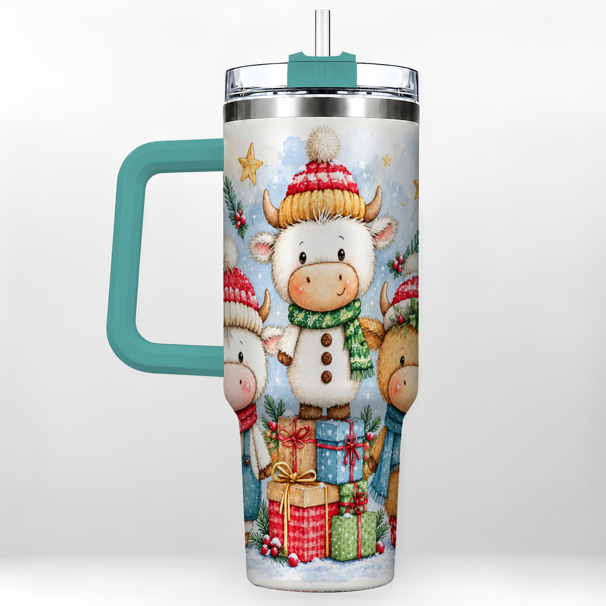#pl[40oz|Green] Christmas Cow 40oz Tumbler with Handle, Winter Calf Travel Cup