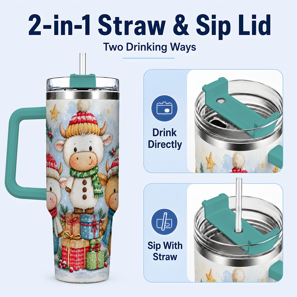 #pl[40oz|Green] Christmas Cow 40oz Tumbler with Handle, Winter Calf Travel Cup