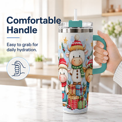 #pl[40oz|Green] Christmas Cow 40oz Tumbler with Handle, Winter Calf Travel Cup