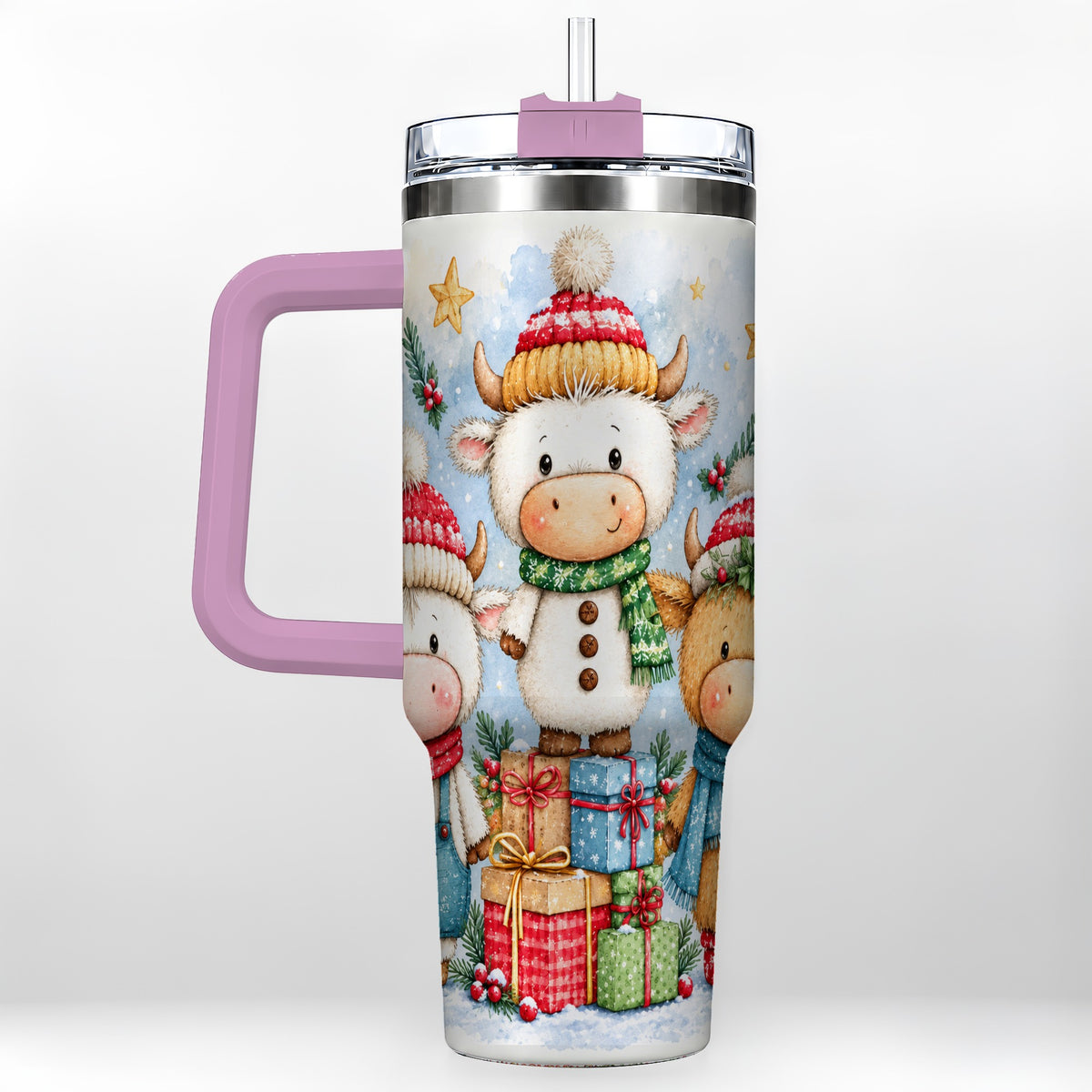 #pl[40oz|Pink] Christmas Cow 40oz Tumbler with Handle, Winter Calf Travel Cup
