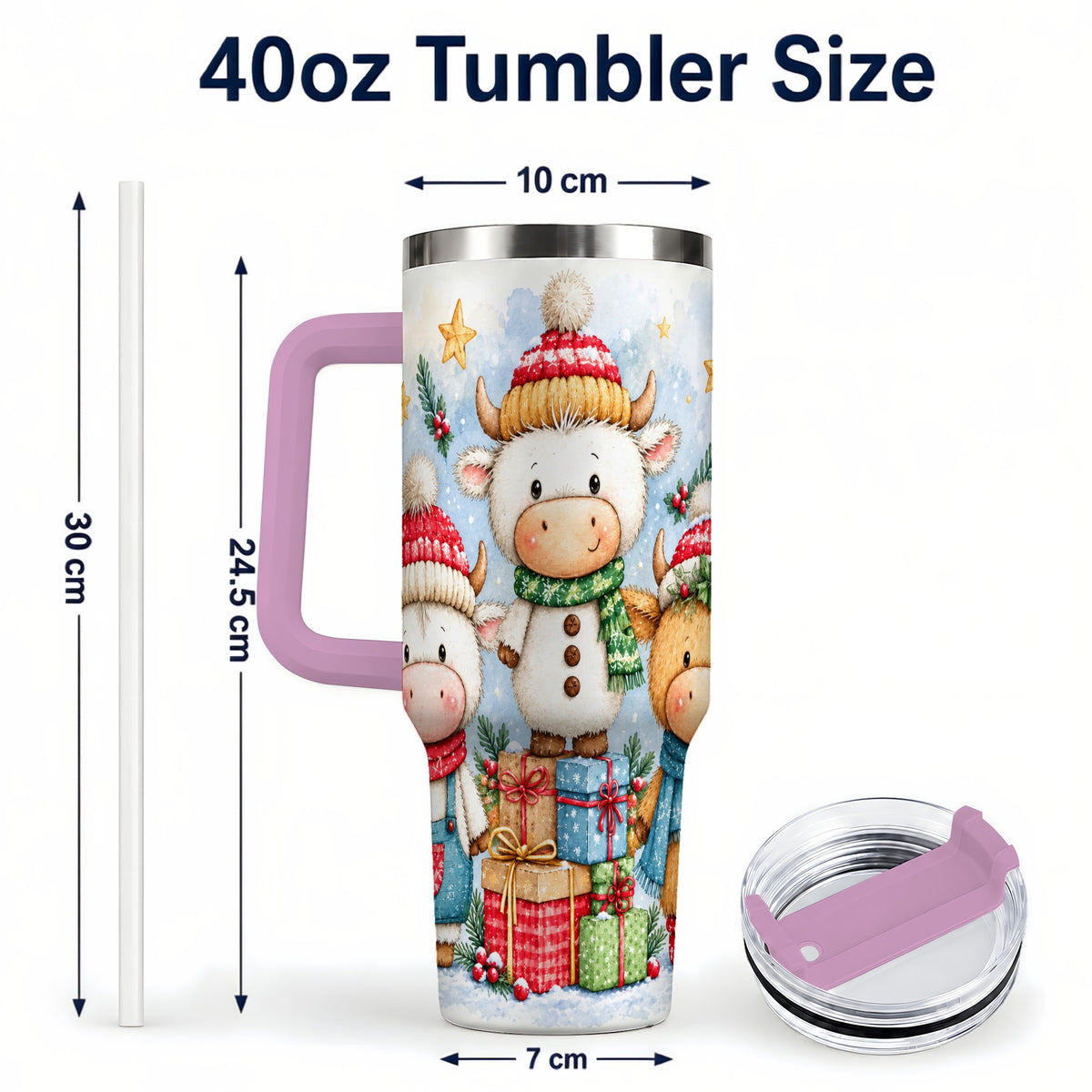 #pl[40oz|Pink] Christmas Cow 40oz Tumbler with Handle, Winter Calf Travel Cup
