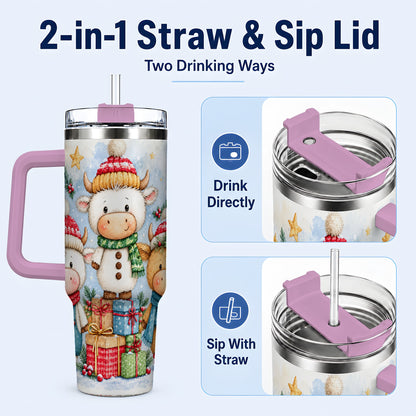 #pl[40oz|Pink] Christmas Cow 40oz Tumbler with Handle, Winter Calf Travel Cup