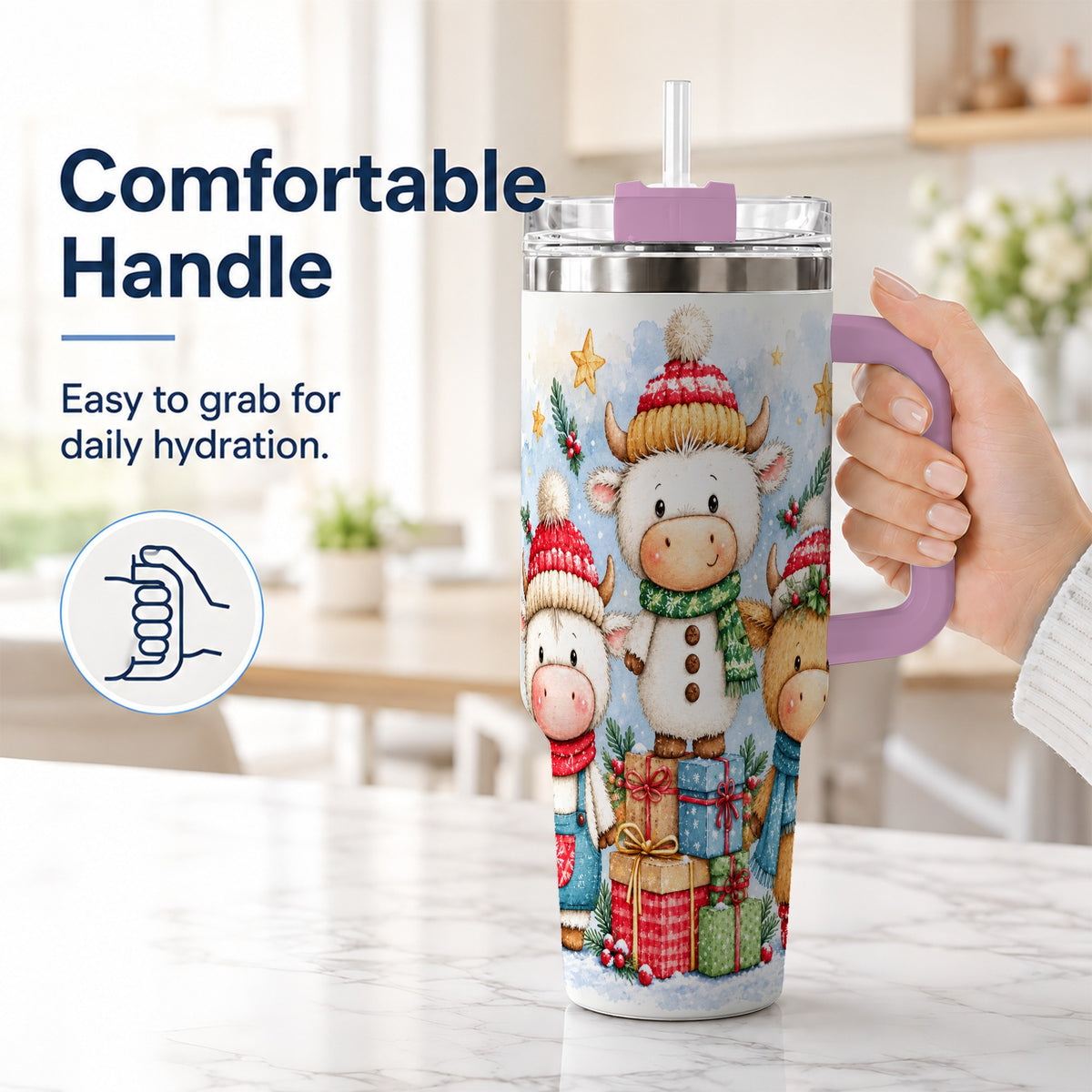 #pl[40oz|Pink] Christmas Cow 40oz Tumbler with Handle, Winter Calf Travel Cup