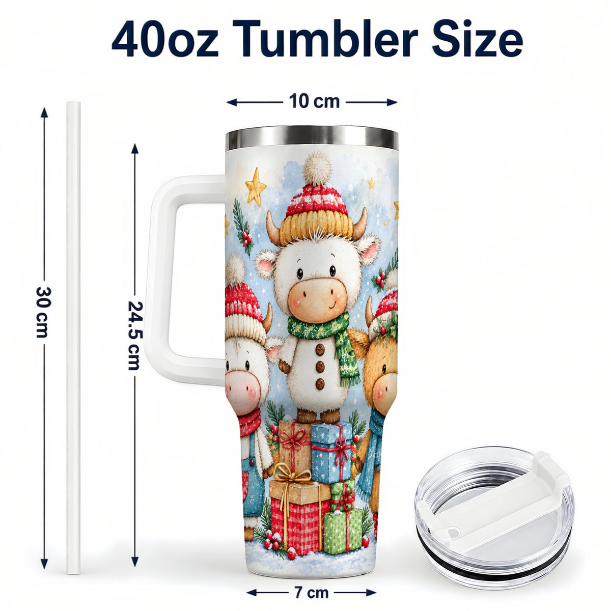 #pl[40oz|White] Christmas Cow 40oz Tumbler with Handle, Winter Calf Travel Cup