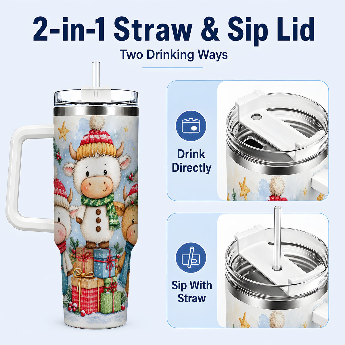 #pl[40oz|White] Christmas Cow 40oz Tumbler with Handle, Winter Calf Travel Cup