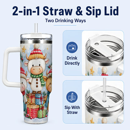 #pl[40oz|White] Christmas Cow 40oz Tumbler with Handle, Winter Calf Travel Cup