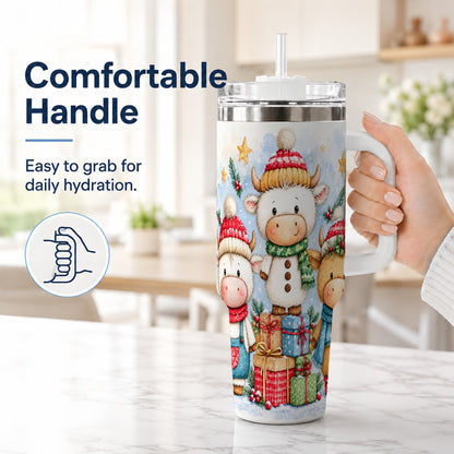 #pl[40oz|White] Christmas Cow 40oz Tumbler with Handle, Winter Calf Travel Cup