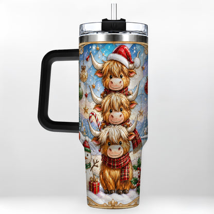 #pl[40oz|Black] Christmas Highland Cow 40oz Tumbler with Handle, Holiday Travel Cup