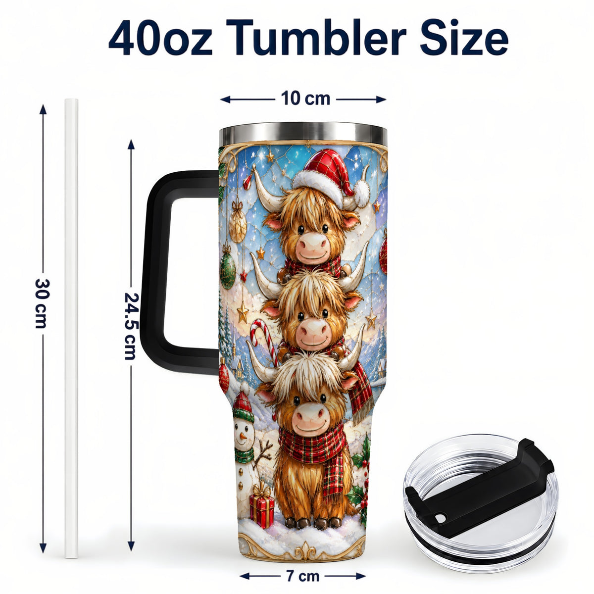 #pl[40oz|Black] Christmas Highland Cow 40oz Tumbler with Handle, Holiday Travel Cup