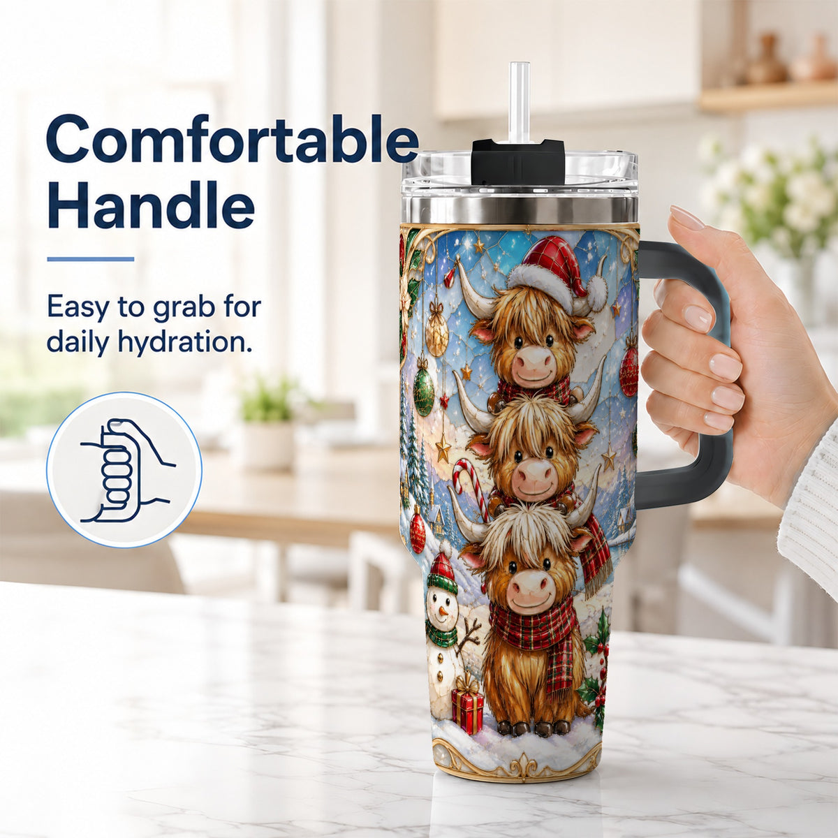 #pl[40oz|Black] Christmas Highland Cow 40oz Tumbler with Handle, Holiday Travel Cup
