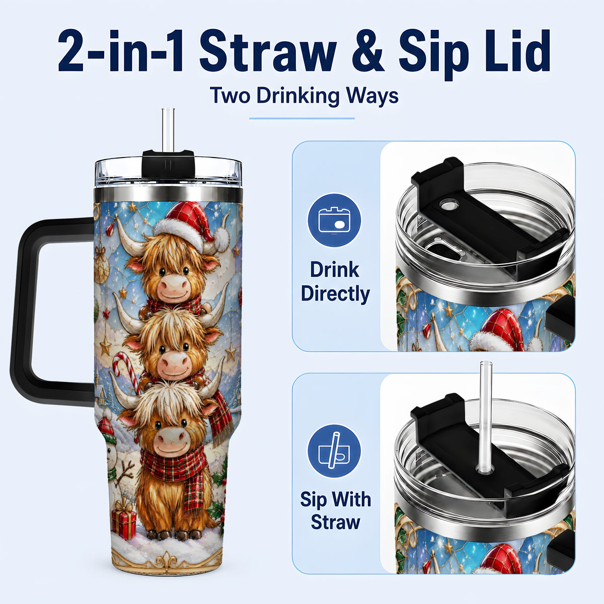 #pl[40oz|Black] Christmas Highland Cow 40oz Tumbler with Handle, Holiday Travel Cup