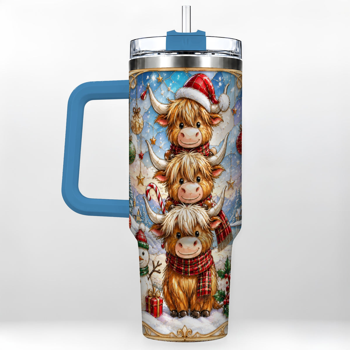 #pl[40oz|Blue] Christmas Highland Cow 40oz Tumbler with Handle, Holiday Travel Cup