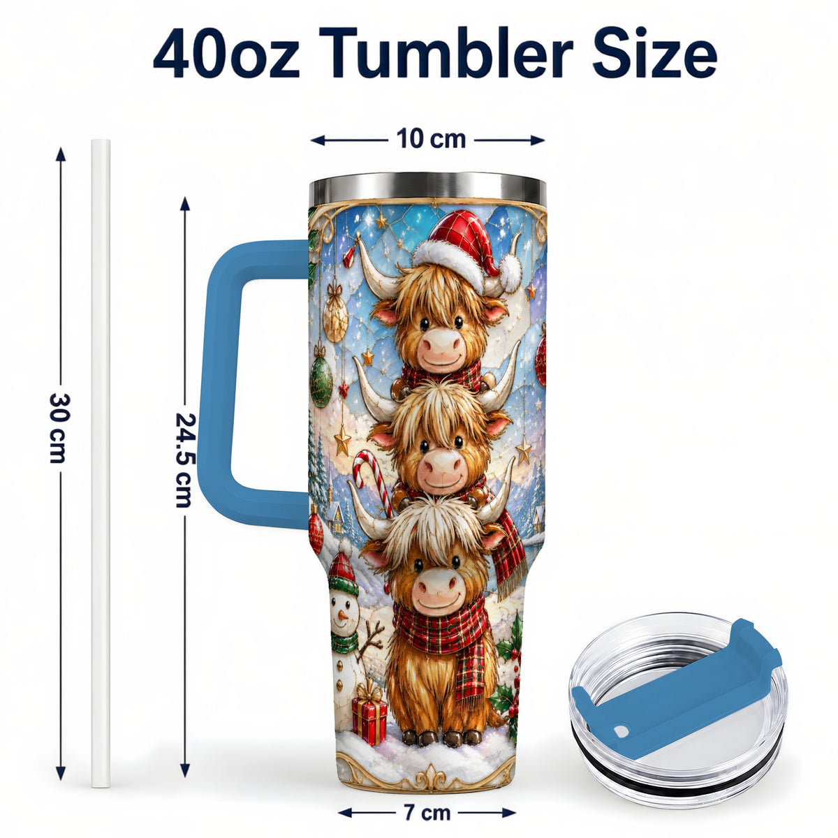 #pl[40oz|Blue] Christmas Highland Cow 40oz Tumbler with Handle, Holiday Travel Cup