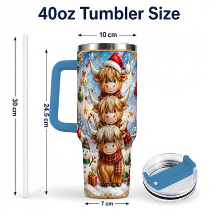 #pl[40oz|Blue] Christmas Highland Cow 40oz Tumbler with Handle, Holiday Travel Cup