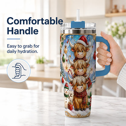 #pl[40oz|Blue] Christmas Highland Cow 40oz Tumbler with Handle, Holiday Travel Cup