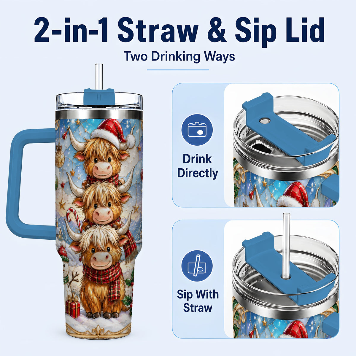 #pl[40oz|Blue] Christmas Highland Cow 40oz Tumbler with Handle, Holiday Travel Cup