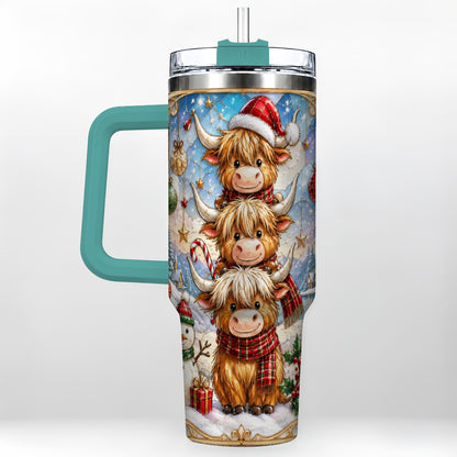 #pl[40oz|Green] Christmas Highland Cow 40oz Tumbler with Handle, Holiday Travel Cup