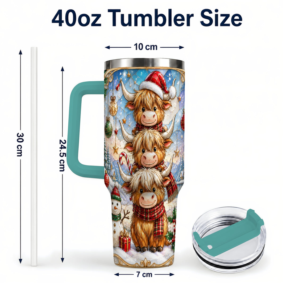 #pl[40oz|Green] Christmas Highland Cow 40oz Tumbler with Handle, Holiday Travel Cup
