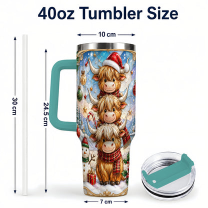 #pl[40oz|Green] Christmas Highland Cow 40oz Tumbler with Handle, Holiday Travel Cup