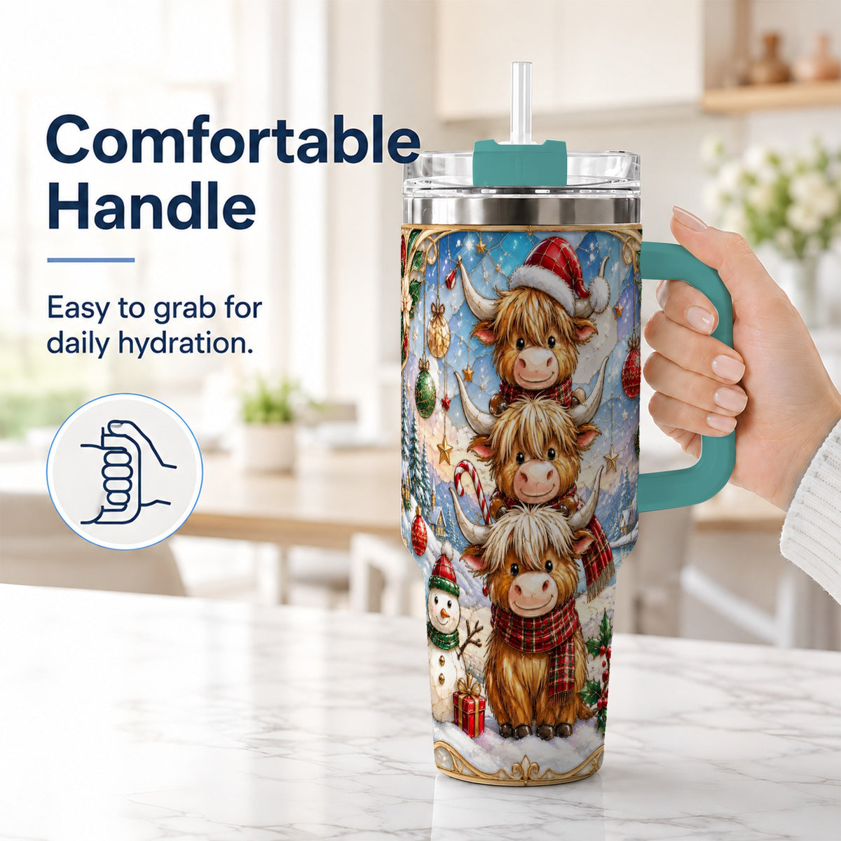 #pl[40oz|Green] Christmas Highland Cow 40oz Tumbler with Handle, Holiday Travel Cup