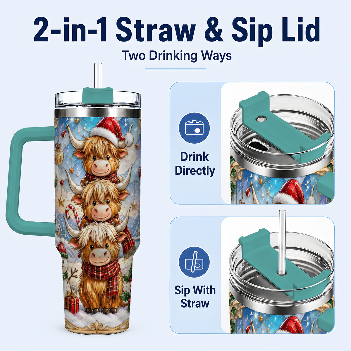 #pl[40oz|Green] Christmas Highland Cow 40oz Tumbler with Handle, Holiday Travel Cup