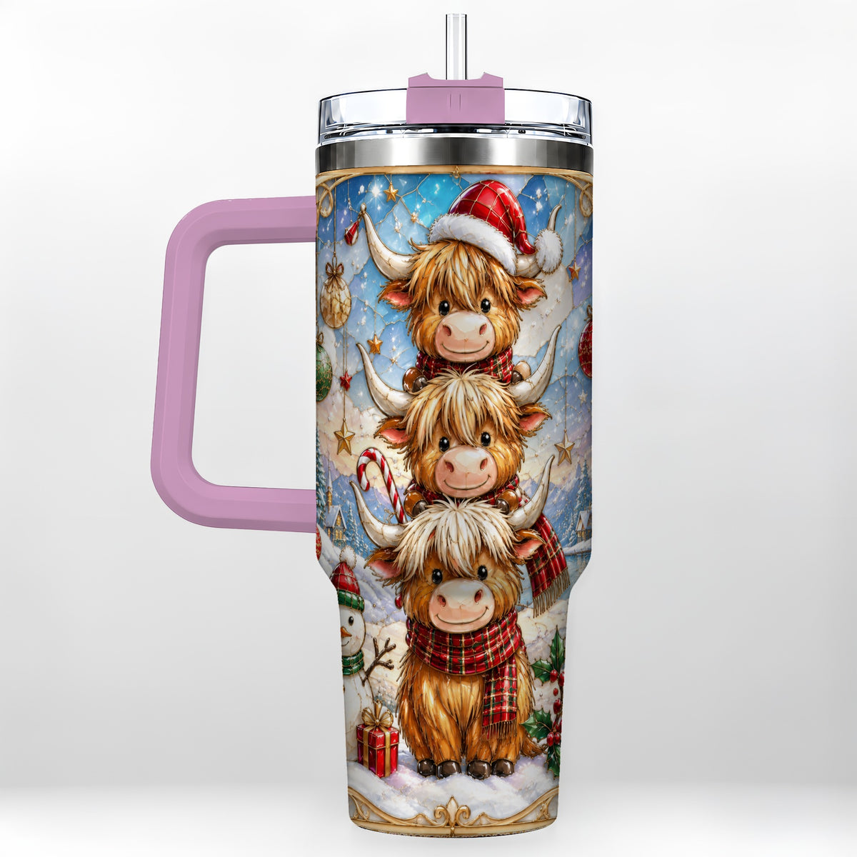 #pl[40oz|Pink] Christmas Highland Cow 40oz Tumbler with Handle, Holiday Travel Cup