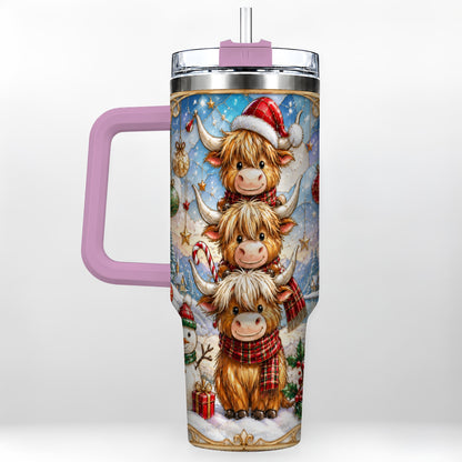 #pl[40oz|Pink] Christmas Highland Cow 40oz Tumbler with Handle, Holiday Travel Cup