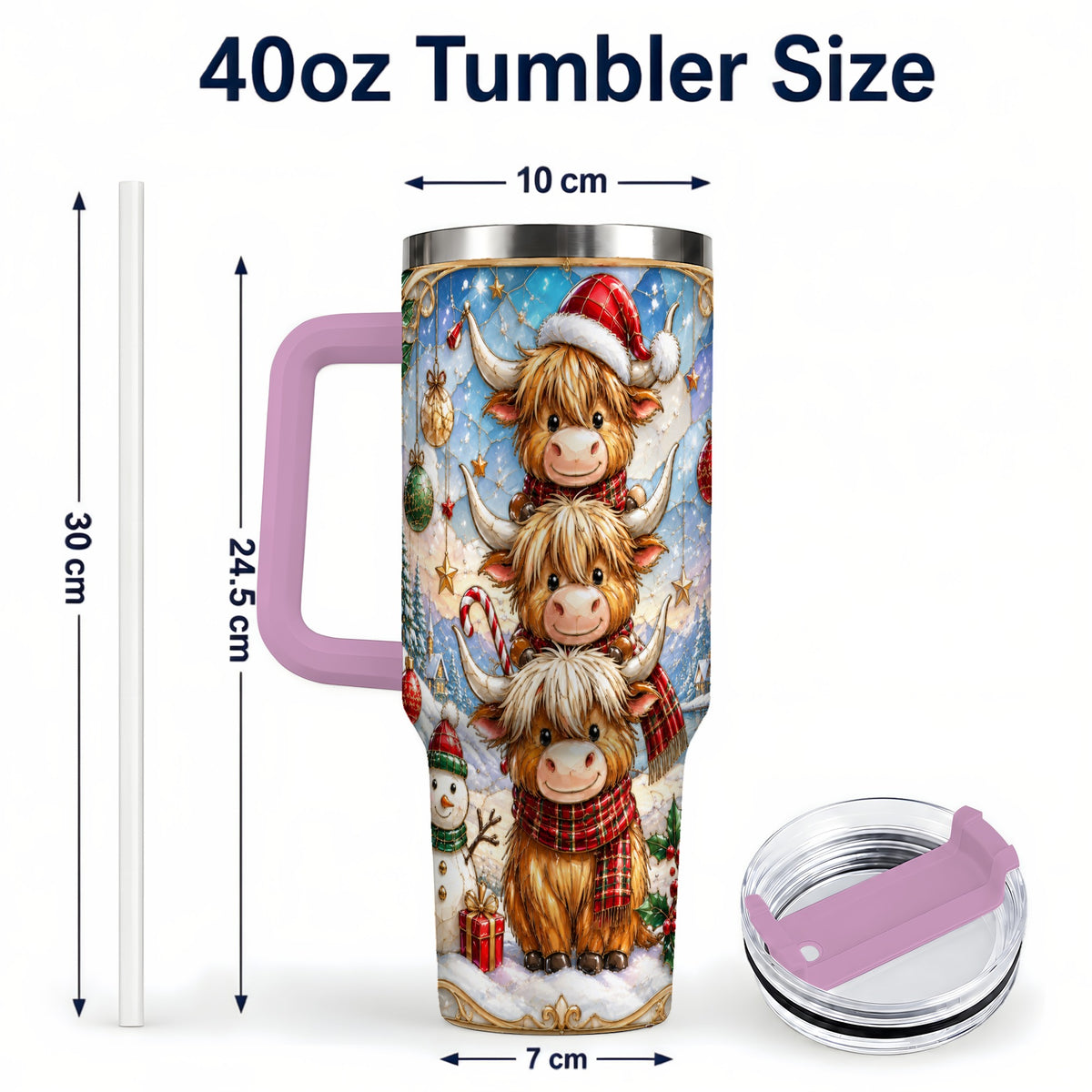 #pl[40oz|Pink] Christmas Highland Cow 40oz Tumbler with Handle, Holiday Travel Cup