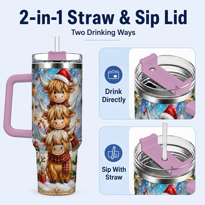 #pl[40oz|Pink] Christmas Highland Cow 40oz Tumbler with Handle, Holiday Travel Cup