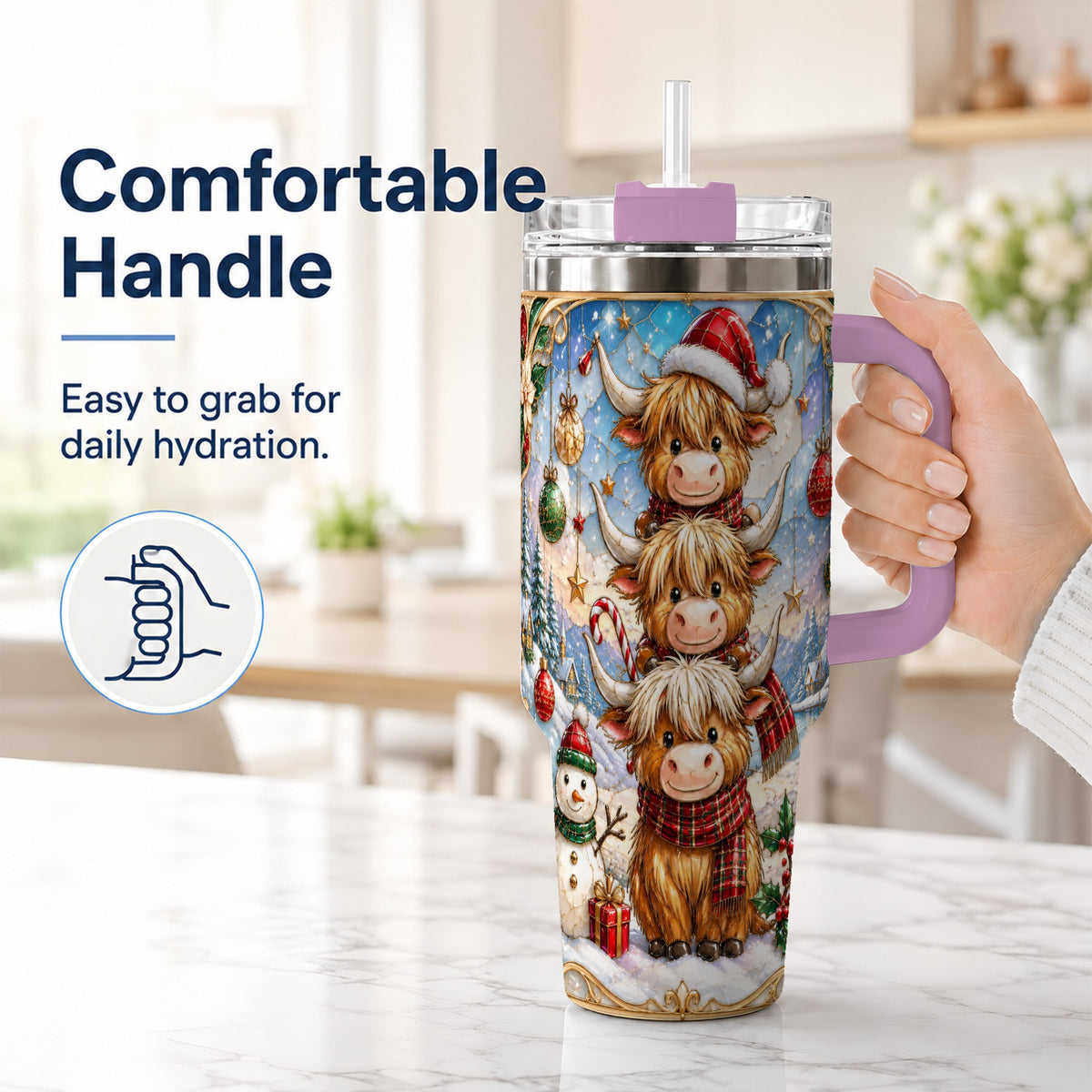 #pl[40oz|Pink] Christmas Highland Cow 40oz Tumbler with Handle, Holiday Travel Cup
