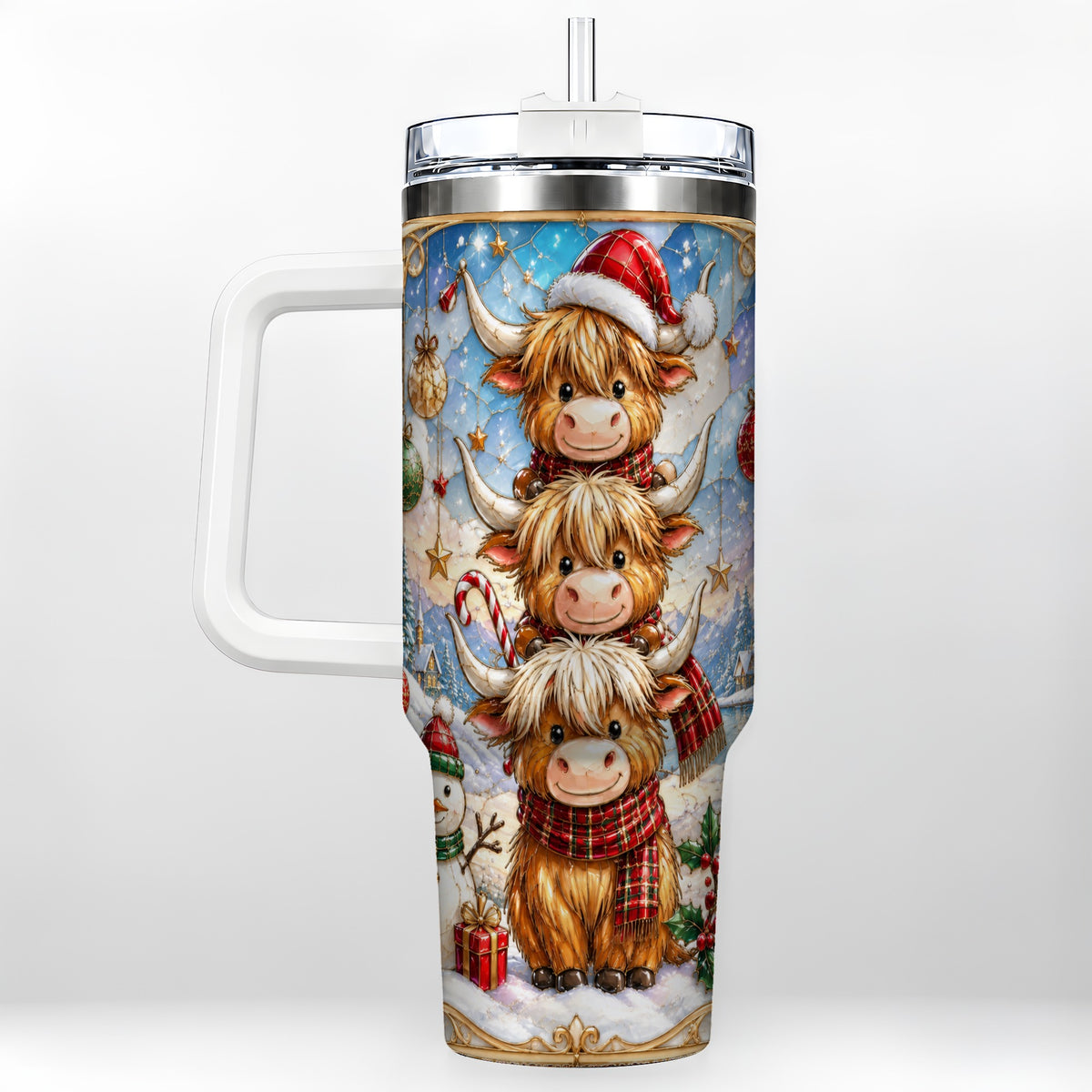 #pl[40oz|White] Christmas Highland Cow 40oz Tumbler with Handle, Holiday Travel Cup