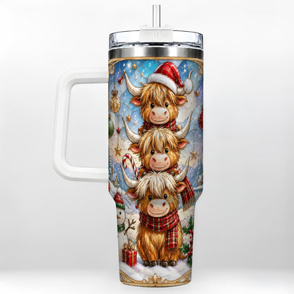 #pl[40oz|White] Christmas Highland Cow 40oz Tumbler with Handle, Holiday Travel Cup