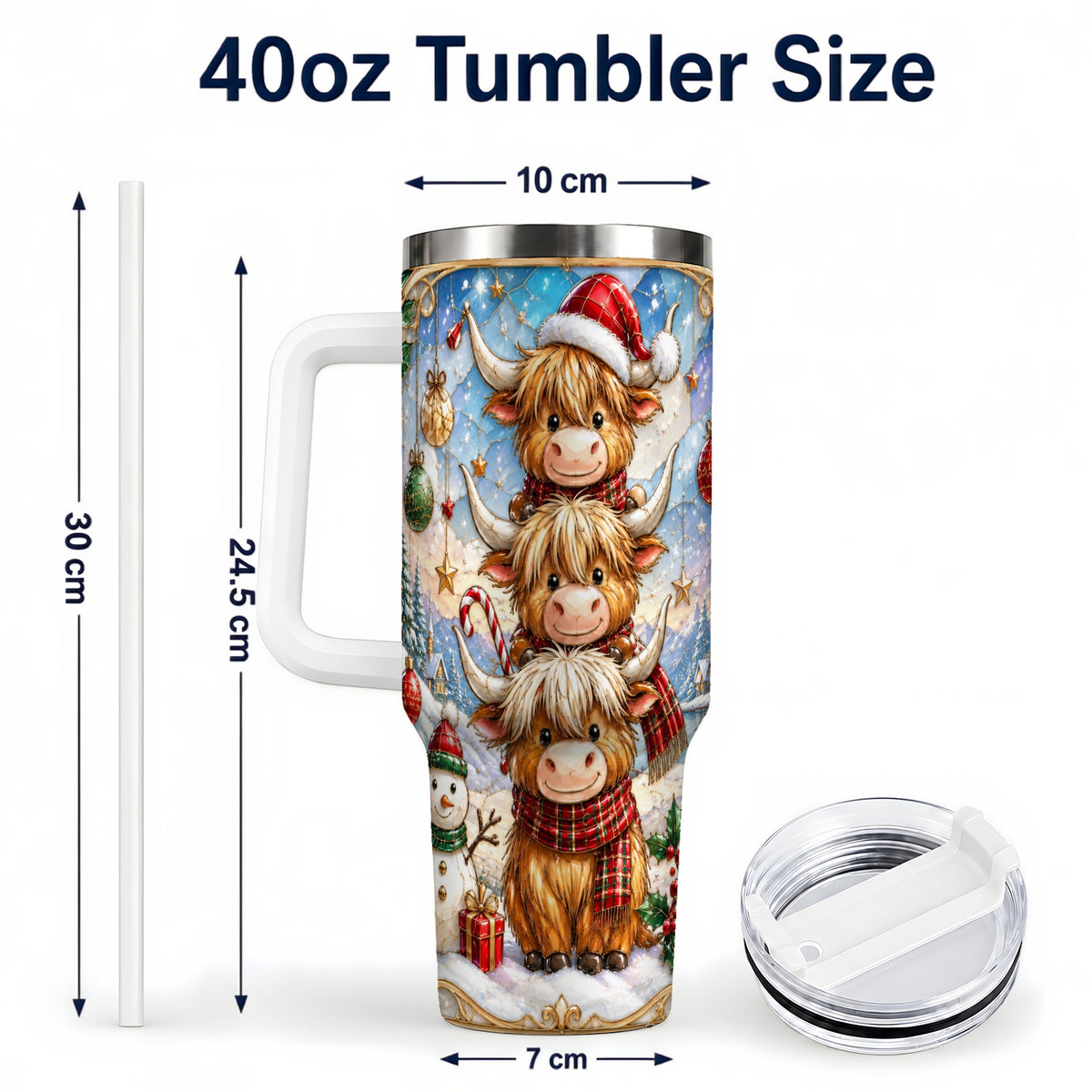 #pl[40oz|White] Christmas Highland Cow 40oz Tumbler with Handle, Holiday Travel Cup