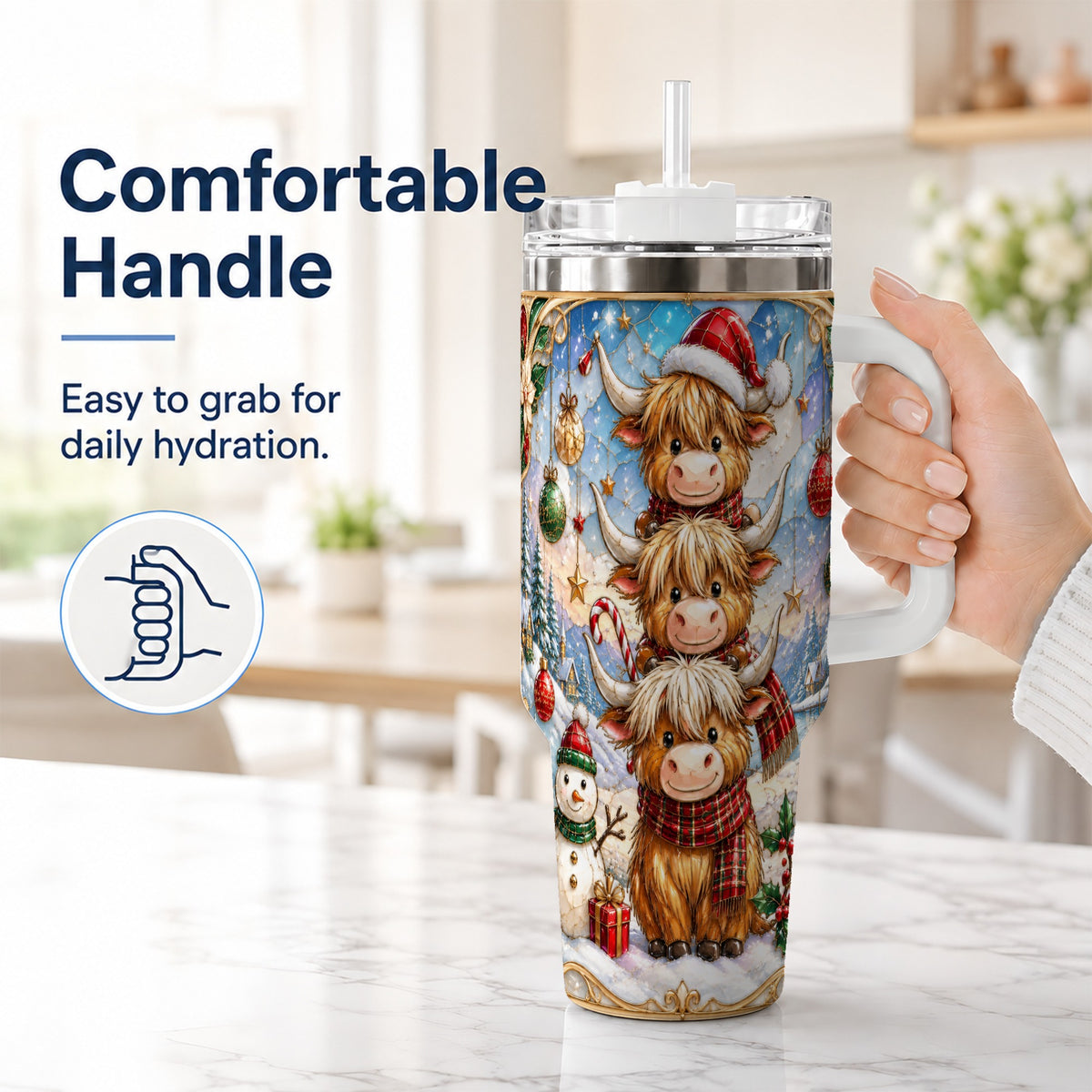 #pl[40oz|White] Christmas Highland Cow 40oz Tumbler with Handle, Holiday Travel Cup